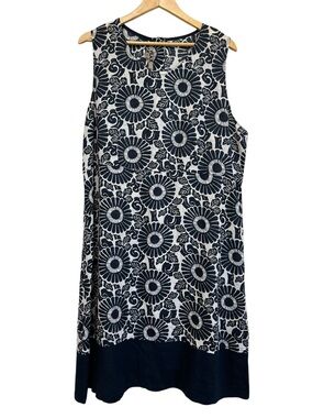 FLAX Sleeveless Navy and White Floral Shift Sun Dress Button Back Large